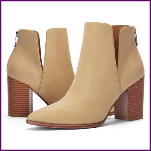 Pointed Toe Ankle Booties Stacked Block Heel Cutout Back Zipper Faux Leather - Picture 6 of 8